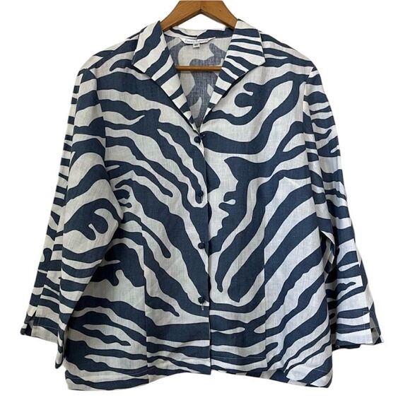 Connie Roberson Lagenlook Linen Blue White Zebra Print Jacket Top Made in USA XL - Picture 1 of 9